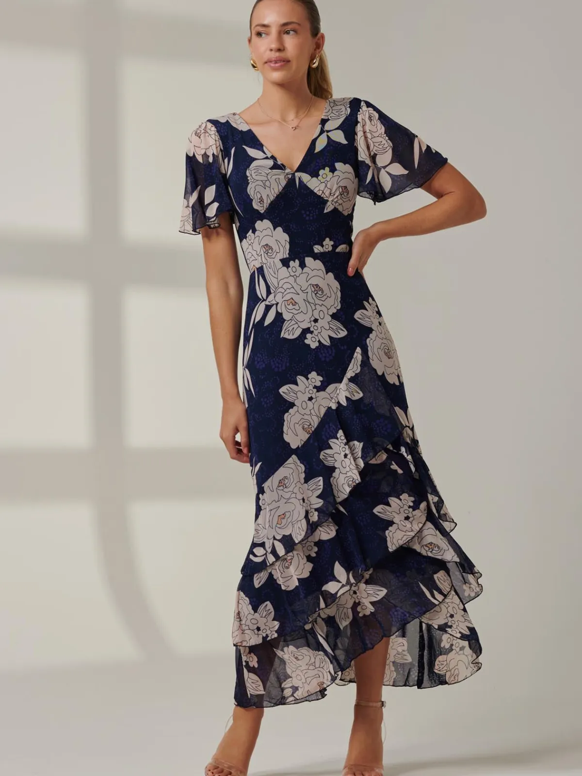 Jolie Moi Occasion Dresses|Floral Dresses-Floral Printed Tiered Maxi Dress, Navy Floral