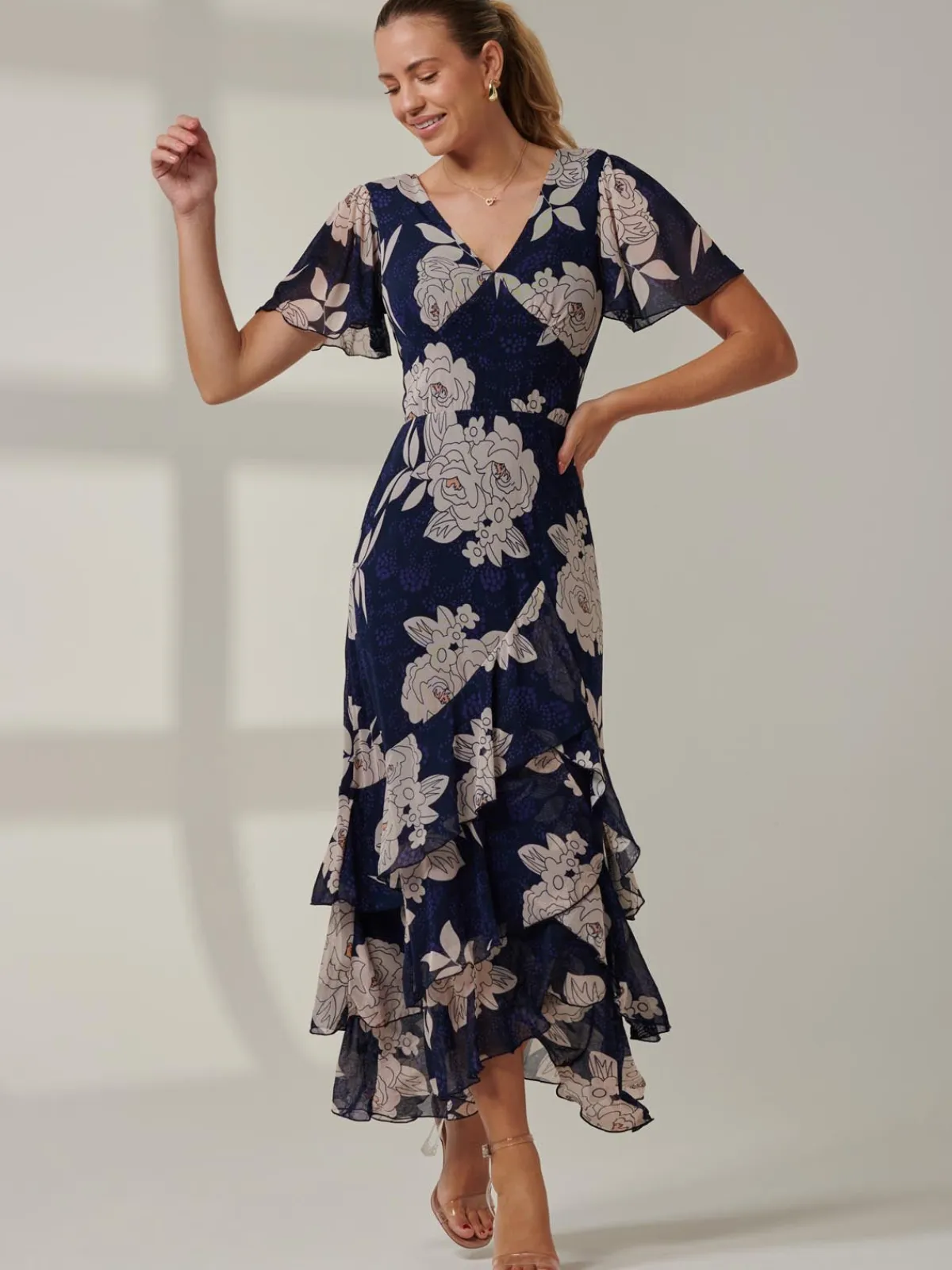 Jolie Moi Occasion Dresses|Floral Dresses-Floral Printed Tiered Maxi Dress, Navy Floral