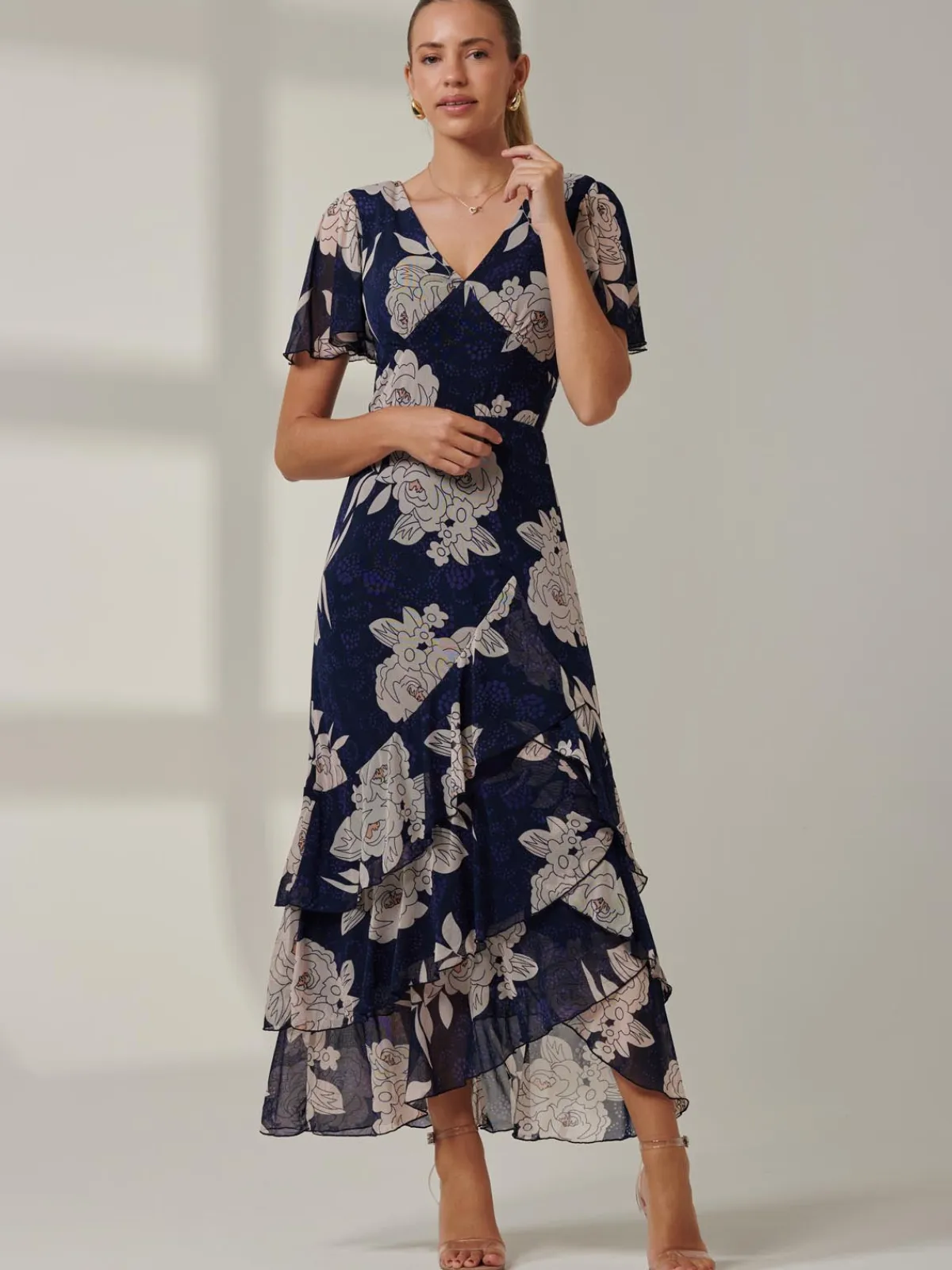 Jolie Moi Occasion Dresses|Floral Dresses-Floral Printed Tiered Maxi Dress, Navy Floral