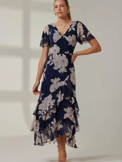 Jolie Moi Occasion Dresses|Floral Dresses-Floral Printed Tiered Maxi Dress, Navy Floral