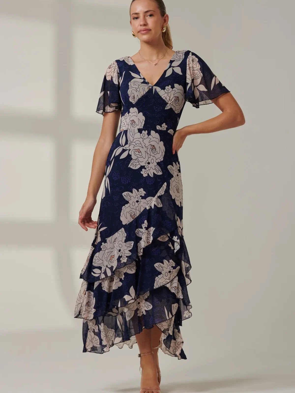 Jolie Moi Occasion Dresses|Floral Dresses-Floral Printed Tiered Maxi Dress, Navy Floral