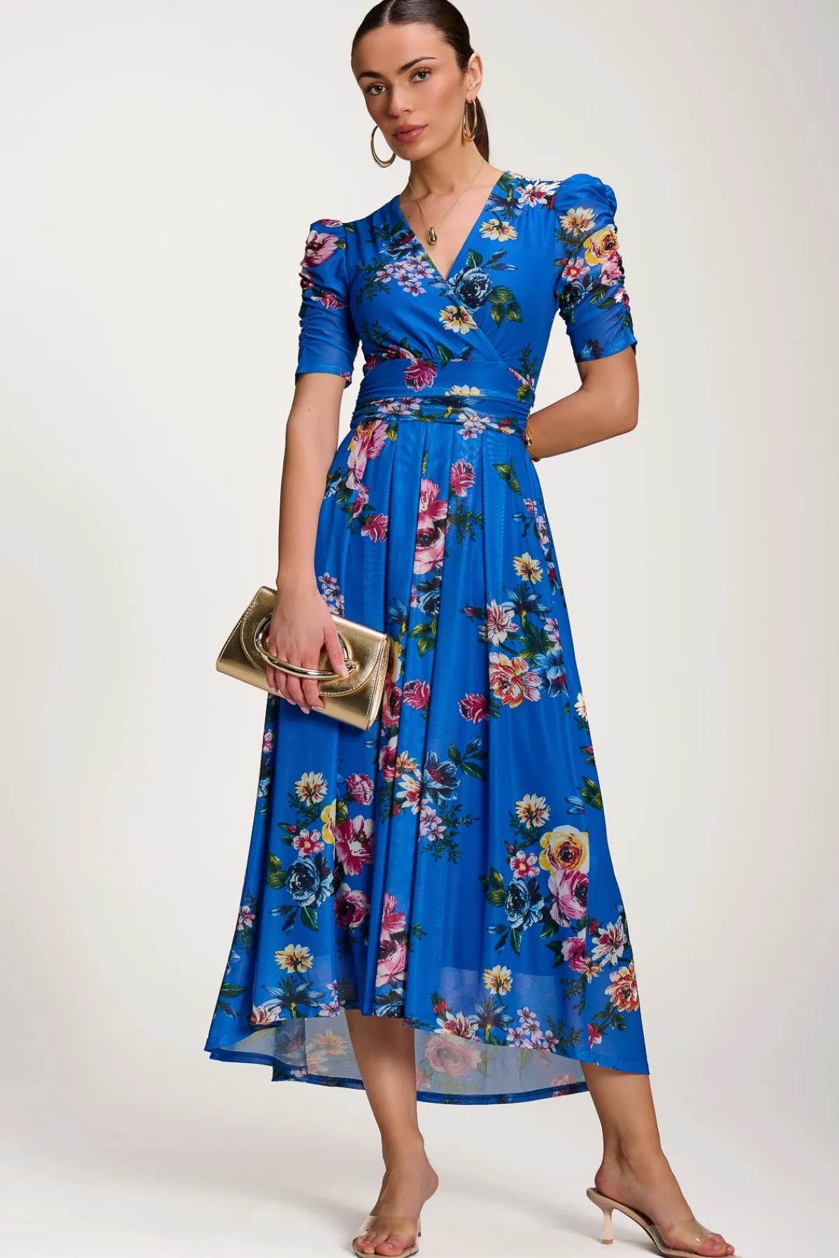 Jolie Moi Occasion Dresses|Floral Dresses-Floral Print Mesh Maxi Dress, Royal Blue