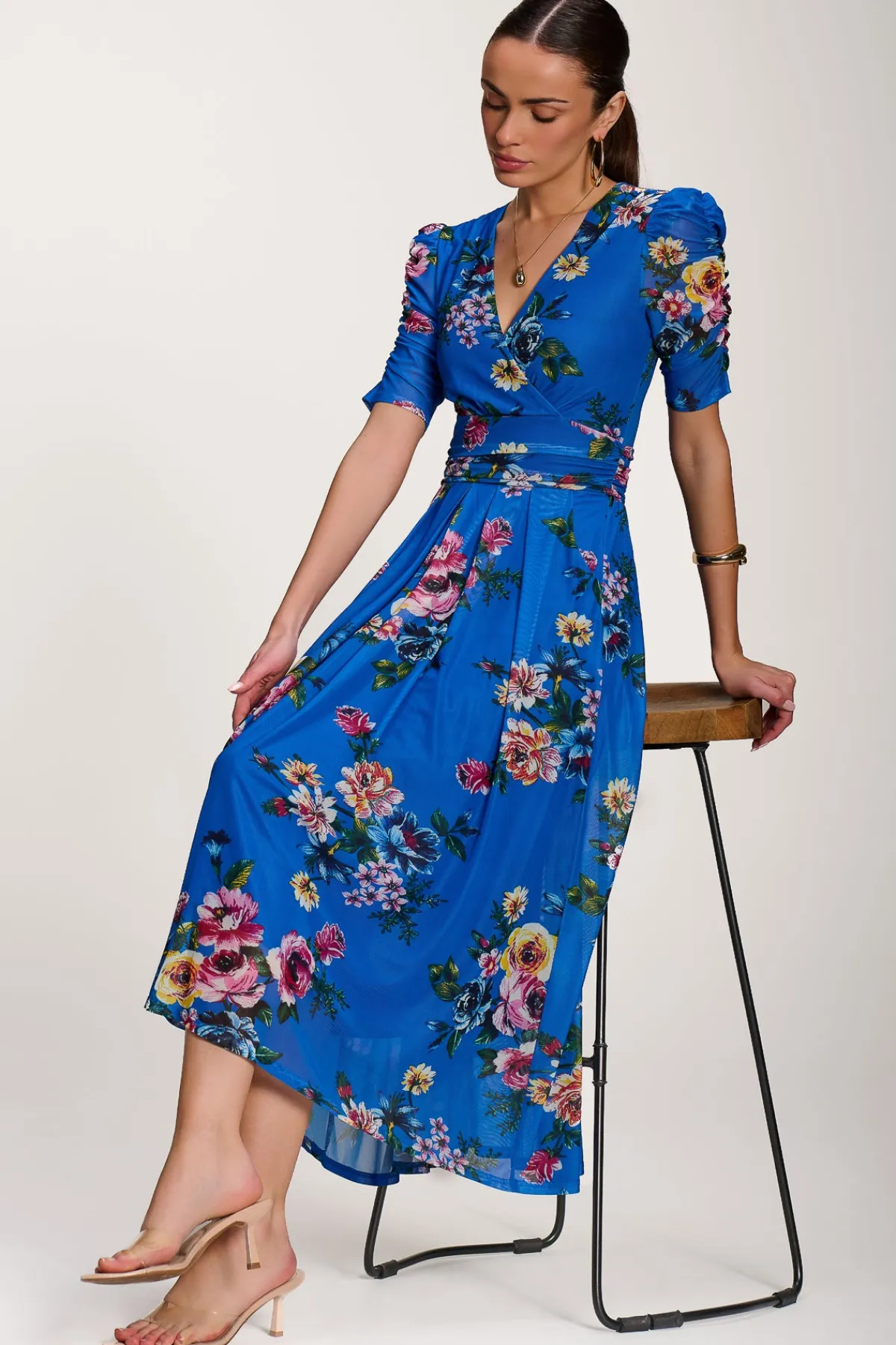 Jolie Moi Occasion Dresses|Floral Dresses-Floral Print Mesh Maxi Dress, Royal Blue