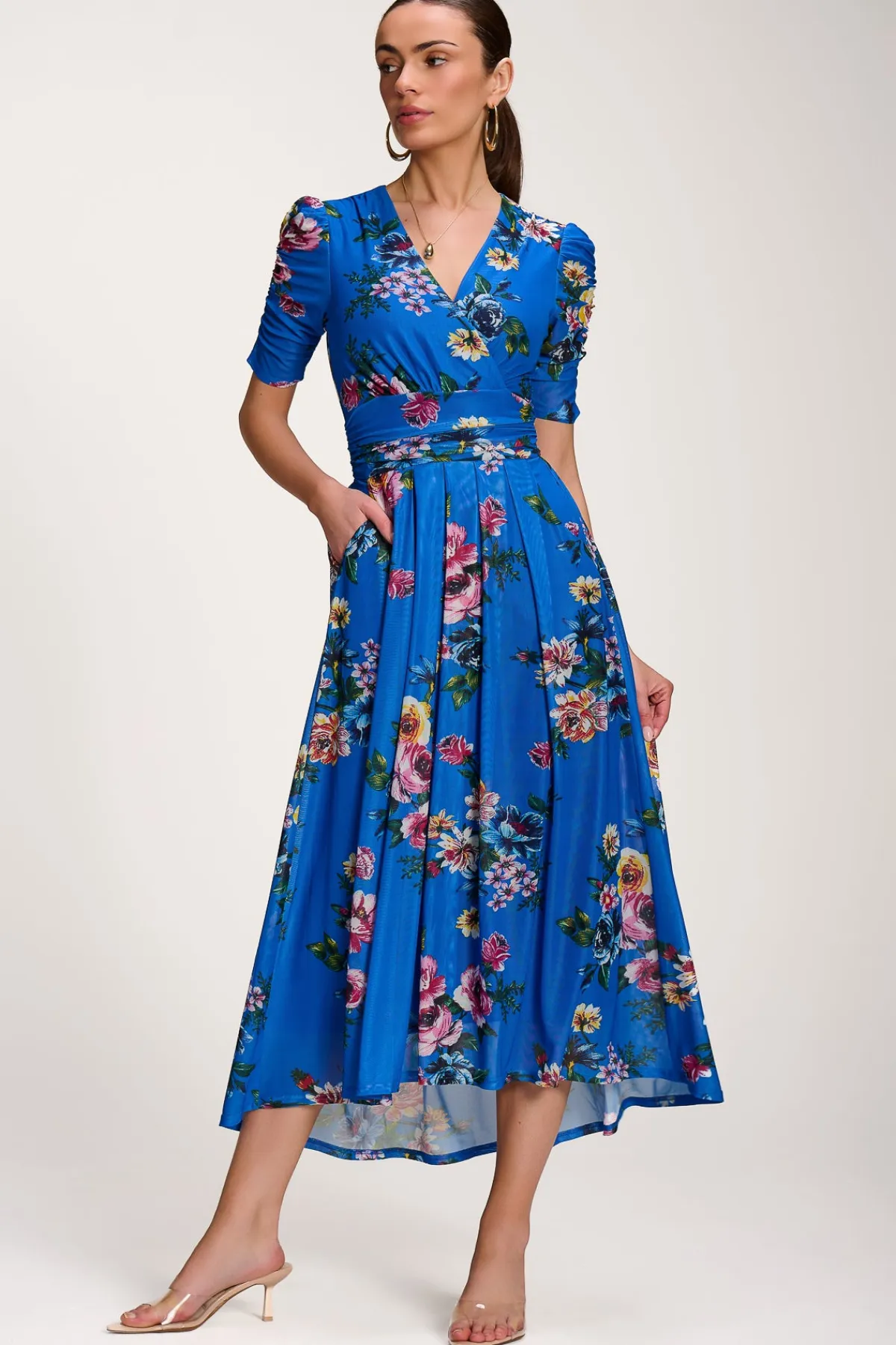 Jolie Moi Occasion Dresses|Floral Dresses-Floral Print Mesh Maxi Dress, Royal Blue