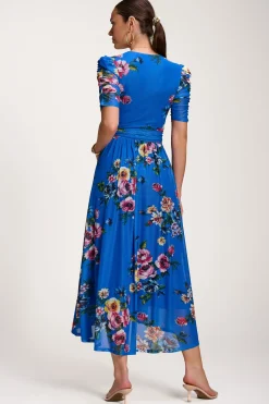 Jolie Moi Occasion Dresses|Floral Dresses-Floral Print Mesh Maxi Dress, Royal Blue