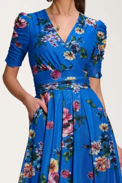 Jolie Moi Occasion Dresses|Floral Dresses-Floral Print Mesh Maxi Dress, Royal Blue