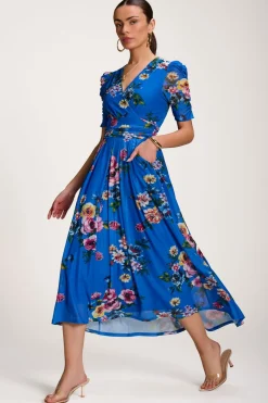 Jolie Moi Occasion Dresses|Floral Dresses-Floral Print Mesh Maxi Dress, Royal Blue