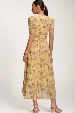 Jolie Moi Party Dresses|Maxi Dresses-Floral Print Mesh Maxi Dress, Yellow Floral