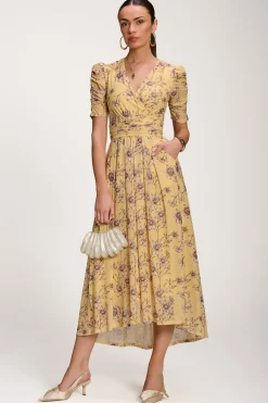 Jolie Moi Party Dresses|Maxi Dresses-Floral Print Mesh Maxi Dress, Yellow Floral
