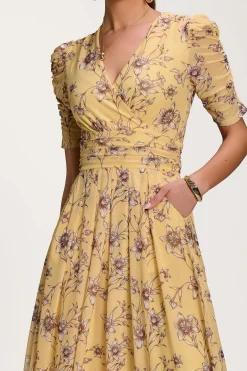 Jolie Moi Party Dresses|Maxi Dresses-Floral Print Mesh Maxi Dress, Yellow Floral