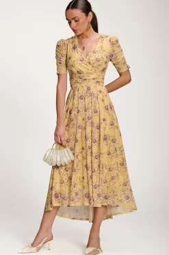 Jolie Moi Party Dresses|Maxi Dresses-Floral Print Mesh Maxi Dress, Yellow Floral
