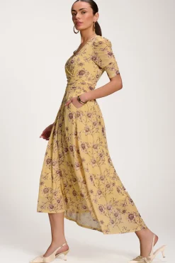 Jolie Moi Party Dresses|Maxi Dresses-Floral Print Mesh Maxi Dress, Yellow Floral