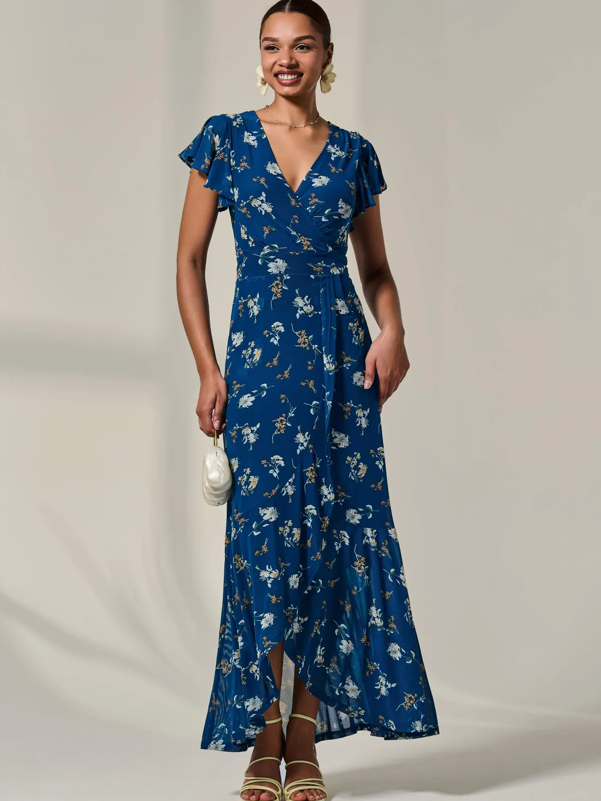 Jolie Moi Occasion Dresses|Floral Dresses-Floral Ruffle Hem Maxi Dress, Teal Floral