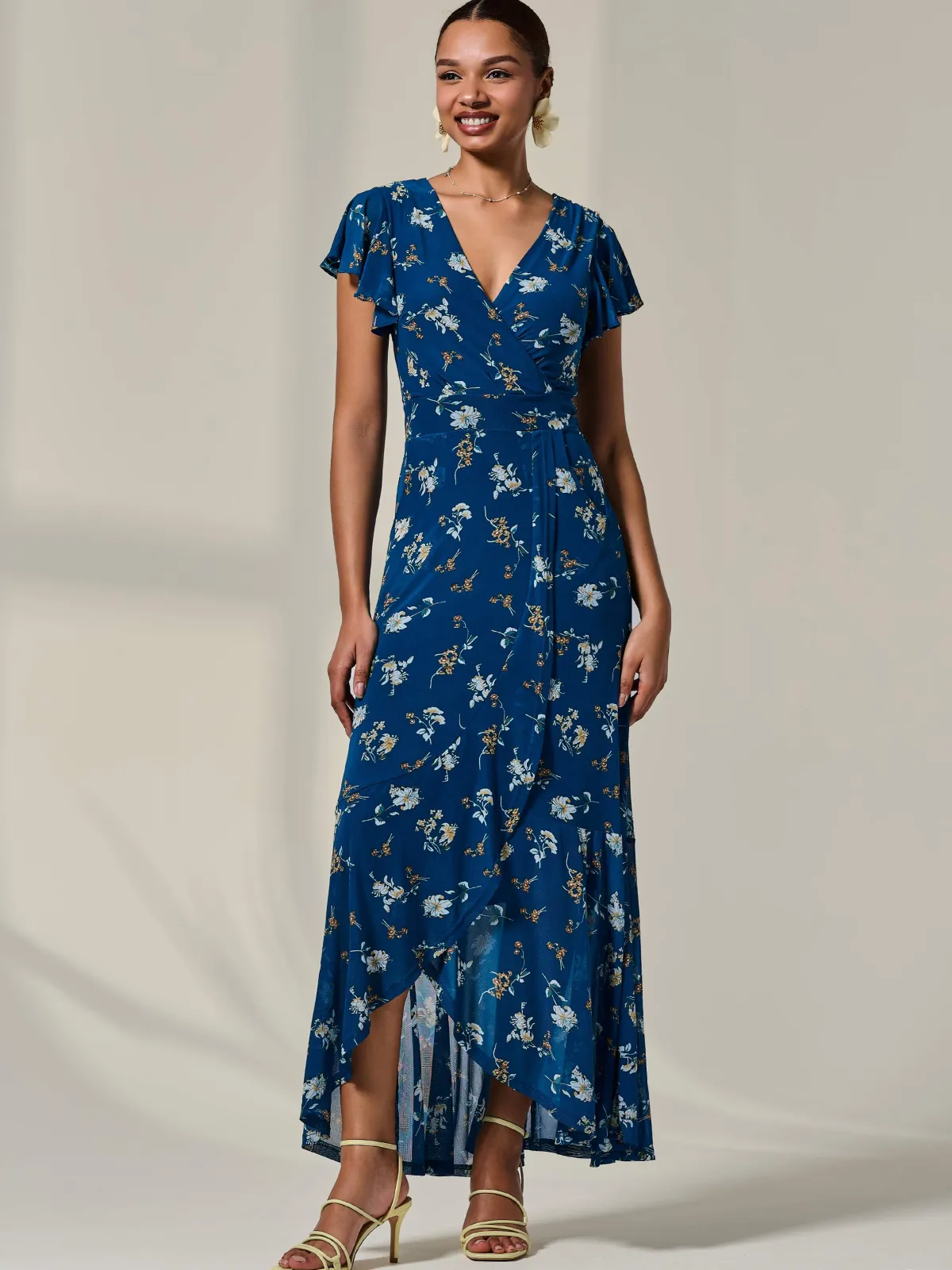 Jolie Moi Occasion Dresses|Floral Dresses-Floral Ruffle Hem Maxi Dress, Teal Floral