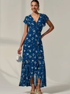 Jolie Moi Occasion Dresses|Floral Dresses-Floral Ruffle Hem Maxi Dress, Teal Floral