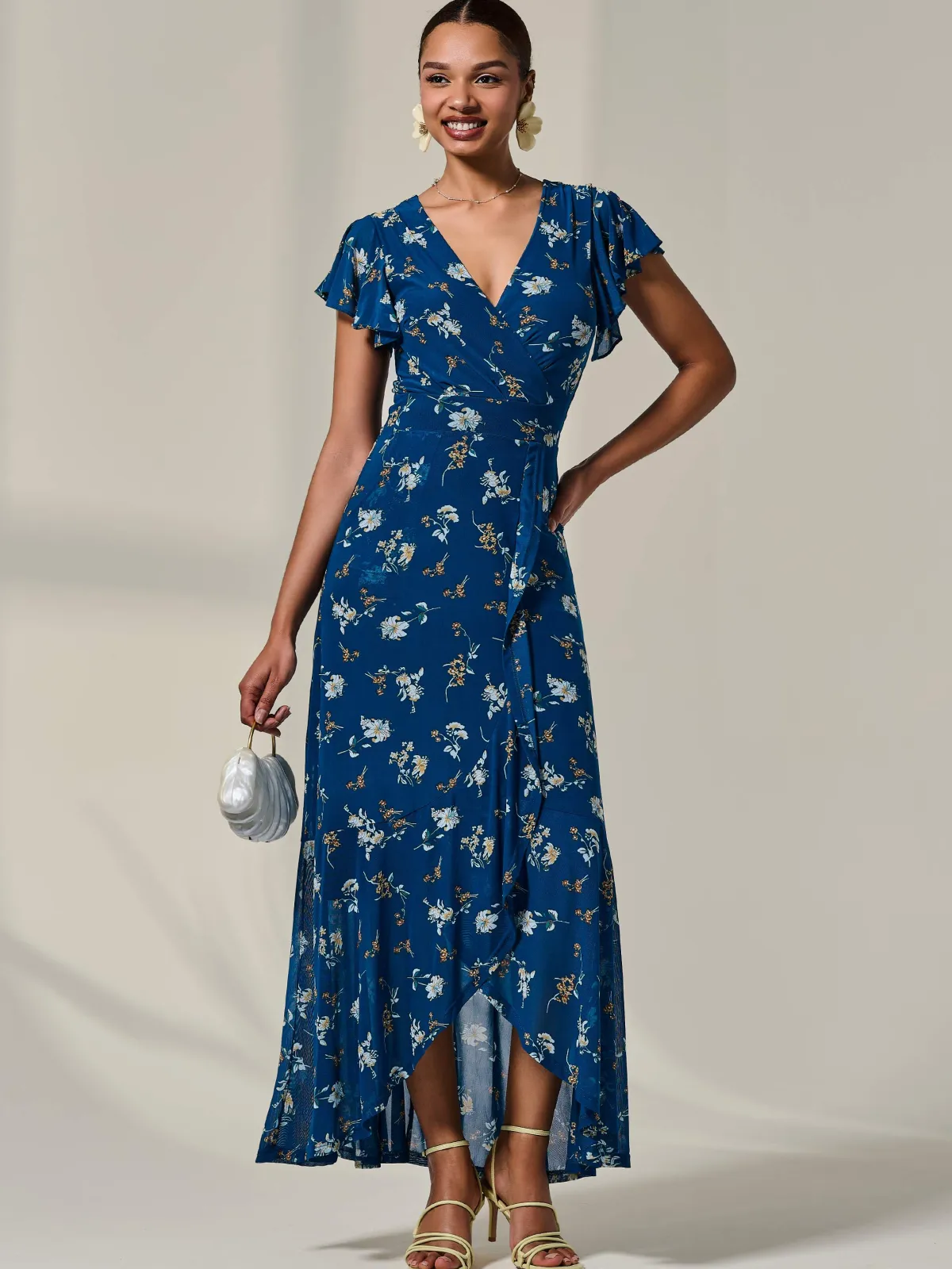 Jolie Moi Occasion Dresses|Floral Dresses-Floral Ruffle Hem Maxi Dress, Teal Floral