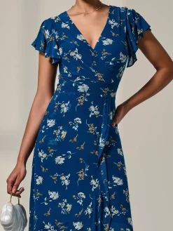 Jolie Moi Occasion Dresses|Floral Dresses-Floral Ruffle Hem Maxi Dress, Teal Floral