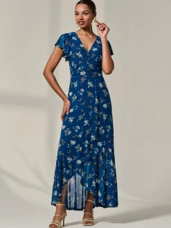 Jolie Moi Occasion Dresses|Floral Dresses-Floral Ruffle Hem Maxi Dress, Teal Floral