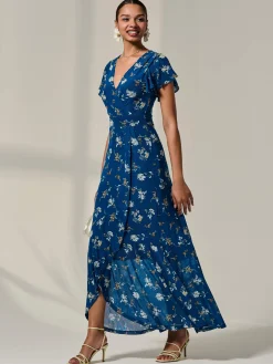 Jolie Moi Occasion Dresses|Floral Dresses-Floral Ruffle Hem Maxi Dress, Teal Floral