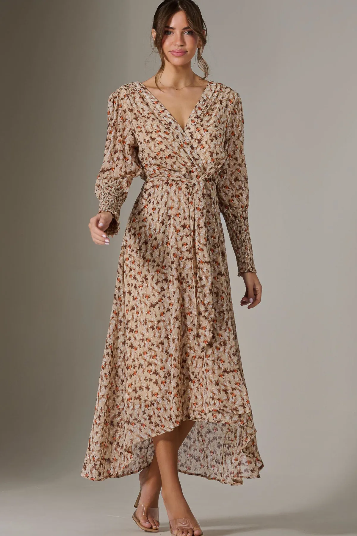 Jolie Moi Occasion Dresses|Floral Dresses-Floral Tie Up Maxi Dress, Brown Floral