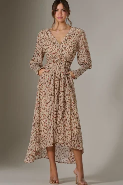 Jolie Moi Occasion Dresses|Floral Dresses-Floral Tie Up Maxi Dress, Brown Floral