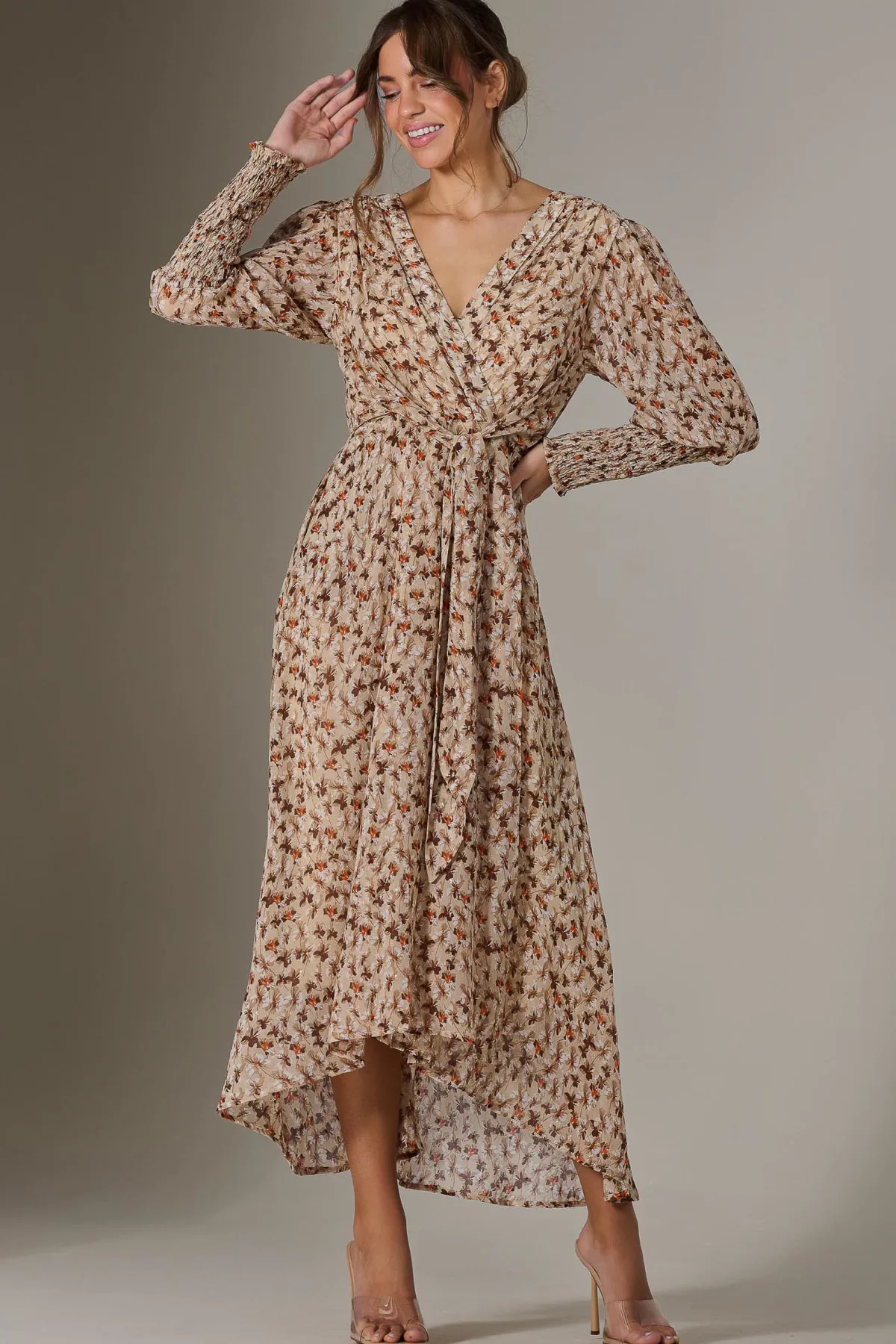 Jolie Moi Occasion Dresses|Floral Dresses-Floral Tie Up Maxi Dress, Brown Floral