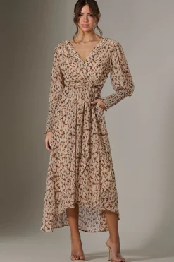 Jolie Moi Occasion Dresses|Floral Dresses-Floral Tie Up Maxi Dress, Brown Floral