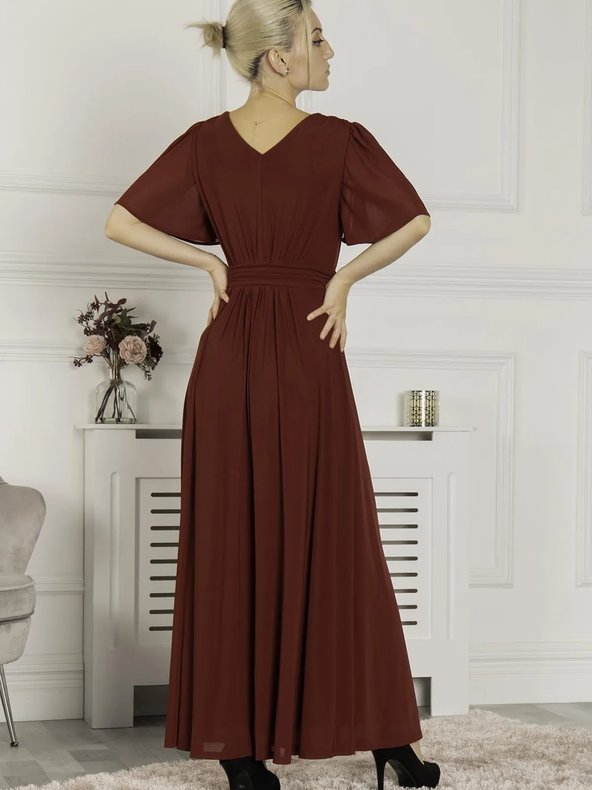 Jolie Moi Occasion Dresses|Mesh Dresses-Flute Sleeve Mesh Maxi Dress, Burgundy