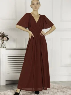 Jolie Moi Occasion Dresses|Mesh Dresses-Flute Sleeve Mesh Maxi Dress, Burgundy
