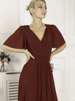 Jolie Moi Occasion Dresses|Mesh Dresses-Flute Sleeve Mesh Maxi Dress, Burgundy