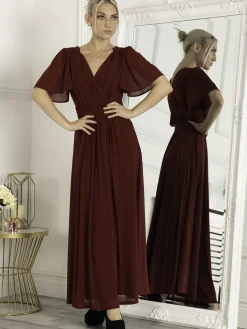 Jolie Moi Occasion Dresses|Mesh Dresses-Flute Sleeve Mesh Maxi Dress, Burgundy
