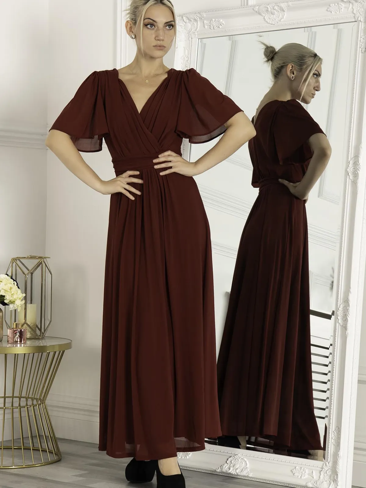 Jolie Moi Occasion Dresses|Mesh Dresses-Flute Sleeve Mesh Maxi Dress, Burgundy