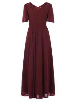Jolie Moi Occasion Dresses|Mesh Dresses-Flute Sleeve Mesh Maxi Dress, Burgundy