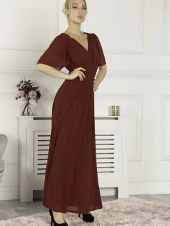 Jolie Moi Occasion Dresses|Mesh Dresses-Flute Sleeve Mesh Maxi Dress, Burgundy