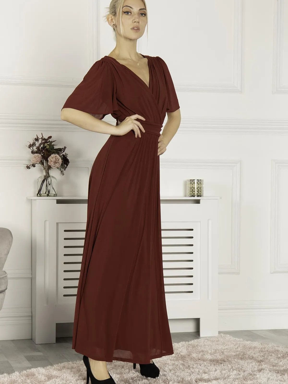 Jolie Moi Occasion Dresses|Mesh Dresses-Flute Sleeve Mesh Maxi Dress, Burgundy
