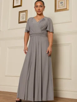 Jolie Moi Mother Of The Bride|Mesh Dresses-Flute Sleeve Mesh Maxi Dress, Grey