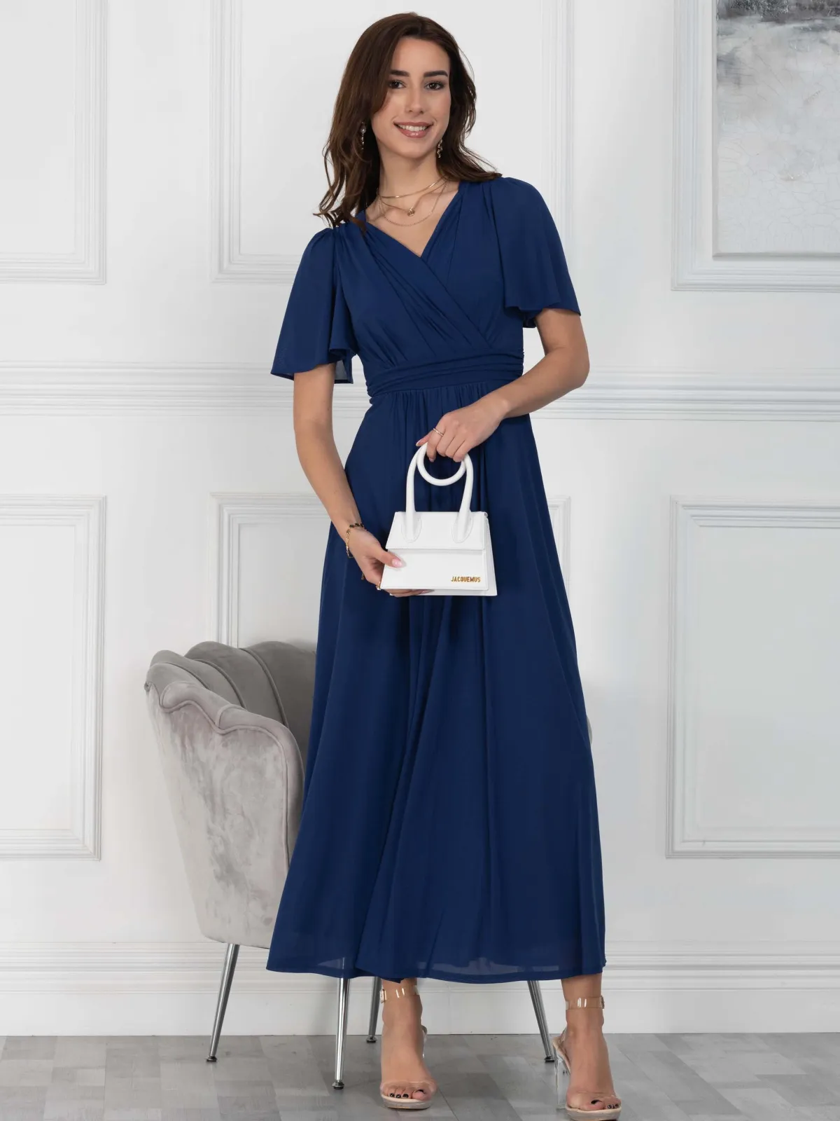 Jolie Moi Occasion Dresses|Mesh Dresses-Flute Sleeve Mesh Maxi Dress, Navy