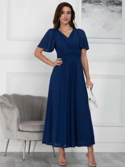 Jolie Moi Occasion Dresses|Mesh Dresses-Flute Sleeve Mesh Maxi Dress, Navy