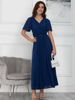 Jolie Moi Occasion Dresses|Mesh Dresses-Flute Sleeve Mesh Maxi Dress, Navy