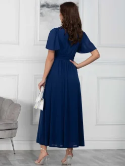 Jolie Moi Occasion Dresses|Mesh Dresses-Flute Sleeve Mesh Maxi Dress, Navy