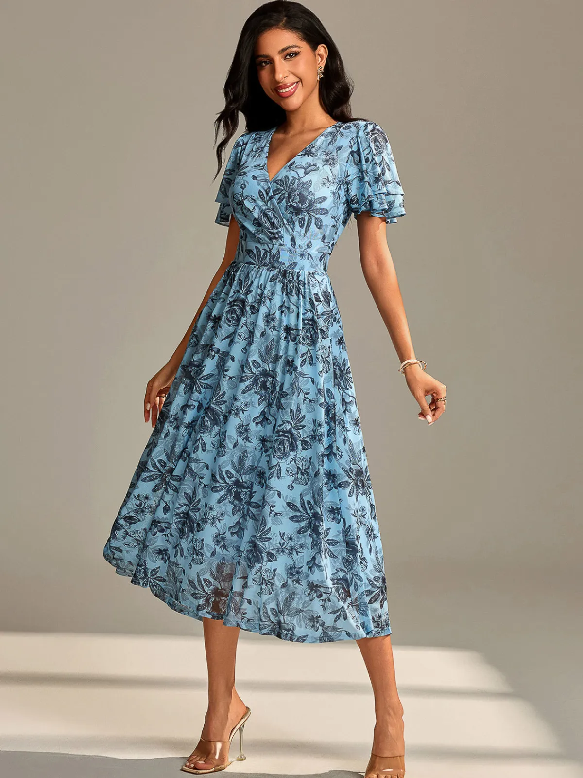 Jolie Moi Occasion Dresses|Floral Dresses- Flutter Sleeve Mesh Midi Dress Blue Floral