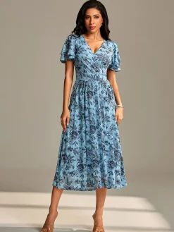 Jolie Moi Occasion Dresses|Floral Dresses- Flutter Sleeve Mesh Midi Dress Blue Floral