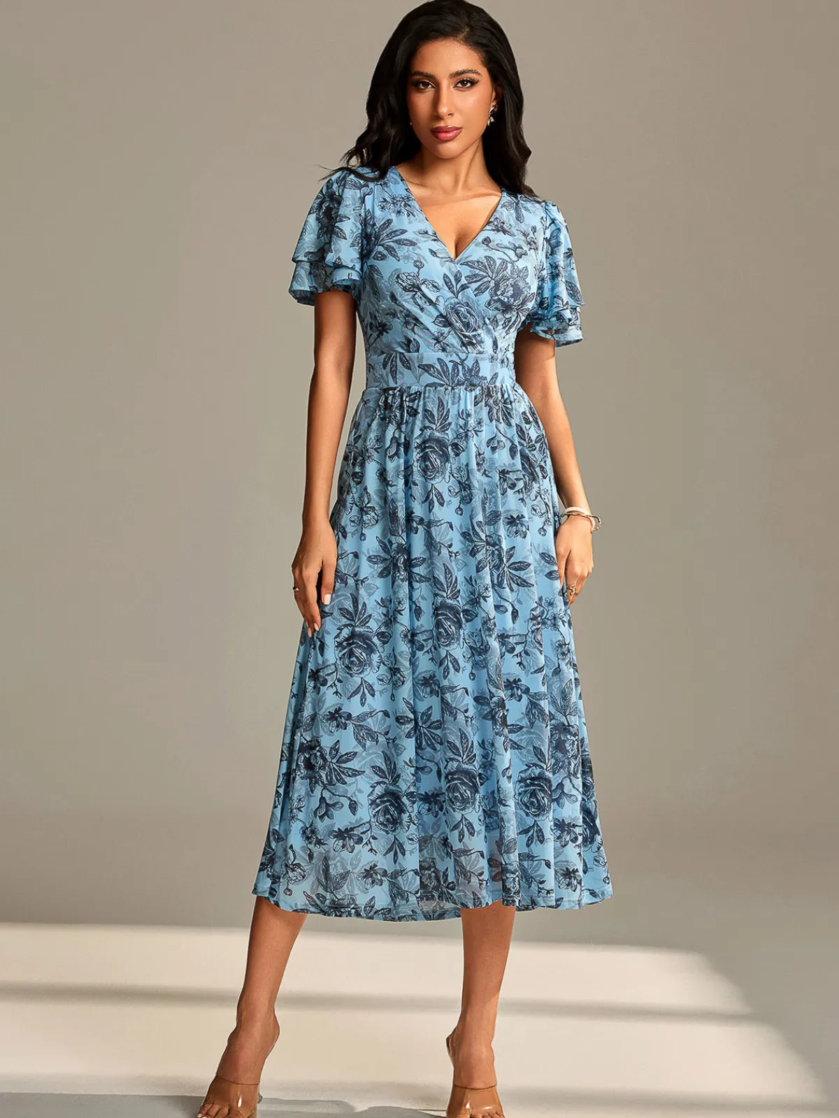 Jolie Moi Occasion Dresses|Floral Dresses- Flutter Sleeve Mesh Midi Dress Blue Floral