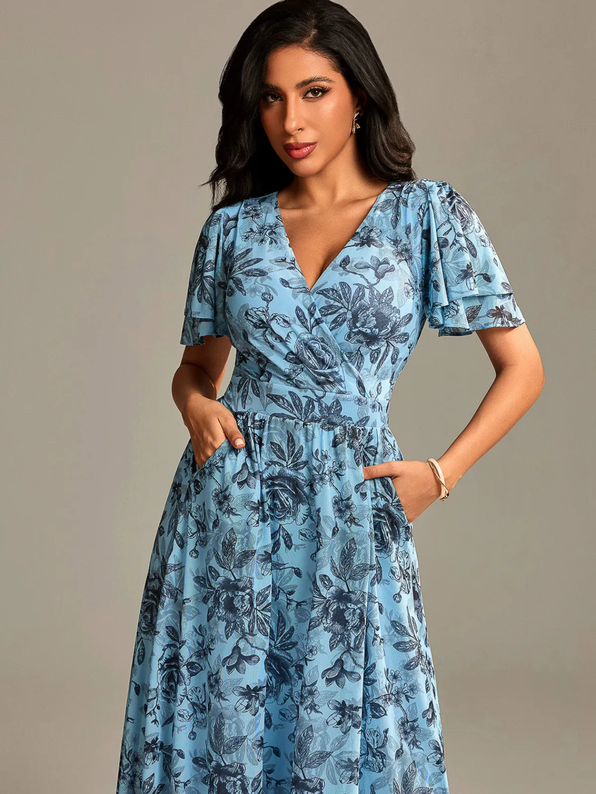 Jolie Moi Occasion Dresses|Floral Dresses- Flutter Sleeve Mesh Midi Dress Blue Floral