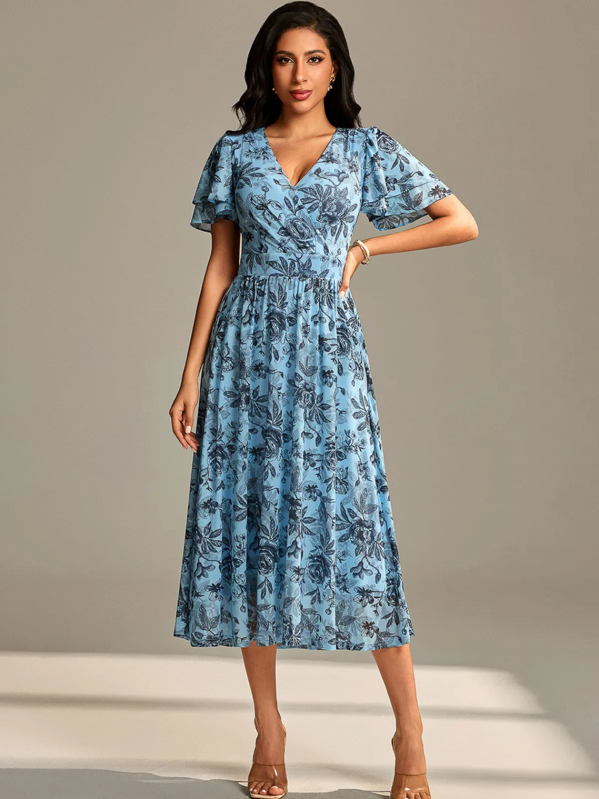 Jolie Moi Occasion Dresses|Floral Dresses- Flutter Sleeve Mesh Midi Dress Blue Floral