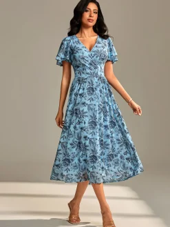 Jolie Moi Occasion Dresses|Floral Dresses- Flutter Sleeve Mesh Midi Dress Blue Floral