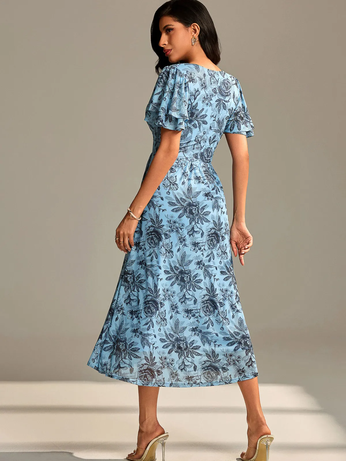 Jolie Moi Occasion Dresses|Floral Dresses- Flutter Sleeve Mesh Midi Dress Blue Floral