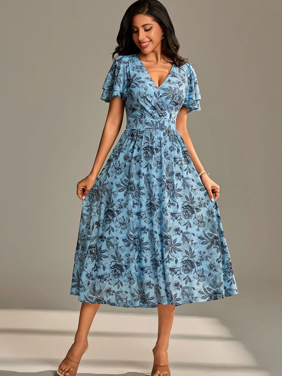 Jolie Moi Occasion Dresses|Floral Dresses- Flutter Sleeve Mesh Midi Dress Blue Floral