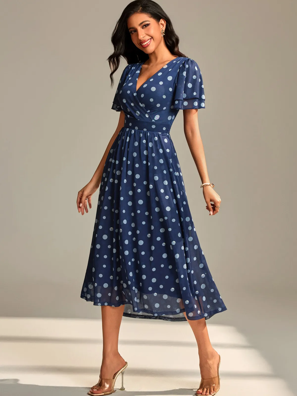 Jolie Moi Occasion Dresses|Mesh Dresses-Flutter Sleeve Mesh Midi Dress, Navy Spot