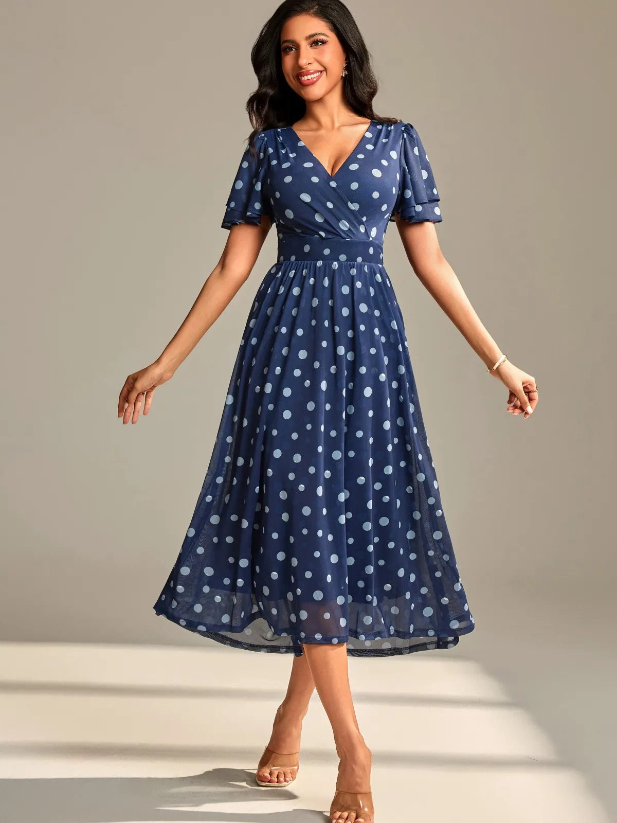 Jolie Moi Occasion Dresses|Mesh Dresses-Flutter Sleeve Mesh Midi Dress, Navy Spot